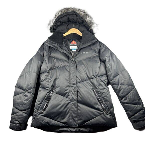 Columbia Women Lay D Down Coat Puffer Down Filled Fur Hood OmniHeat Black Large - Picture 1 of 12
